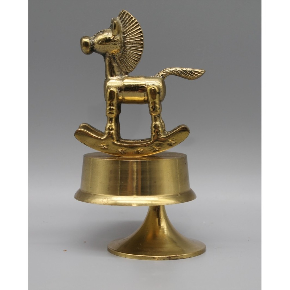 Vintage Heavy Brass Rocking Horse Music Box Figurine Sculpture Working 6" Tall